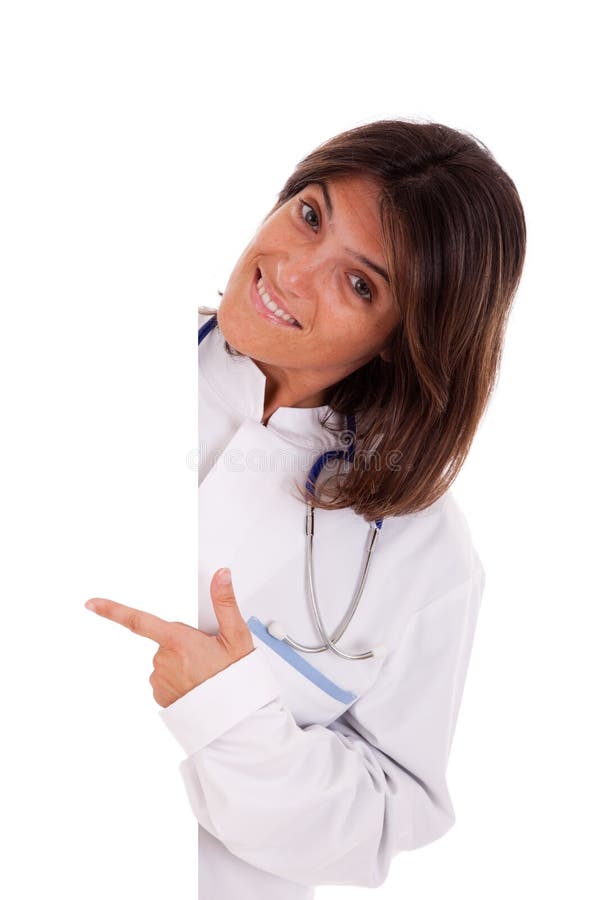 Friendly woman doctor pointing to the copy space in a banner (isolated on white). Friendly woman doctor pointing to the copy space in a banner (isolated on white)