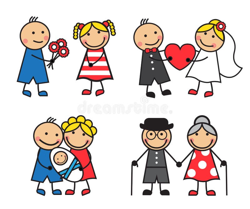 Cartoon friendly and happy family on a date for the wedding, after the child's birth and age