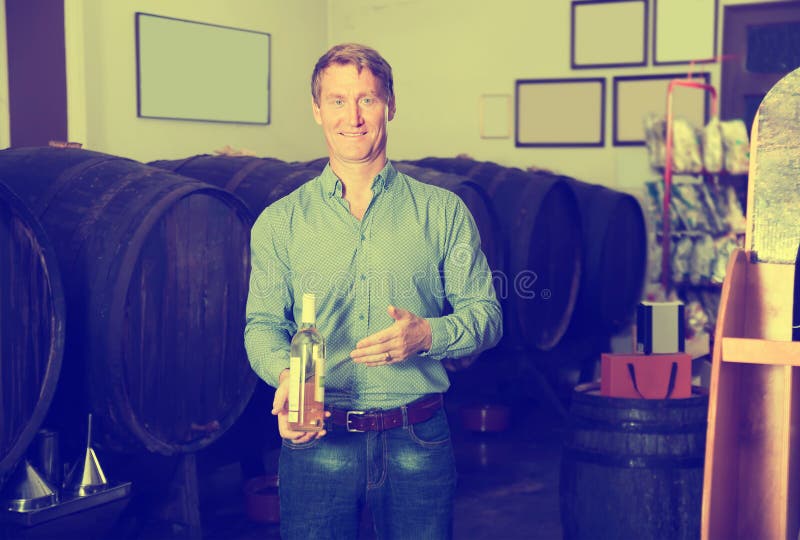 Friendly Male Customer Buying Bottle of Wine Stock Image Image of