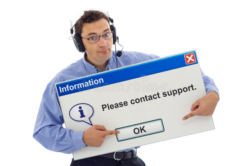 Friendly IT support staff member with computer message box guiding the customer - isolated. Friendly IT support staff member with computer message box guiding the customer - isolated