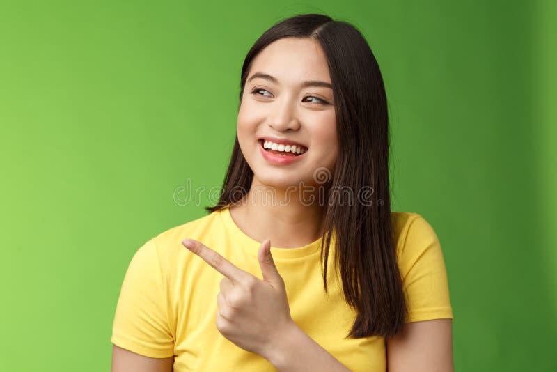 Friendly Ougoing Cute Asian Girl Having Funny Conversation, Joyfully Turn  Pointing Left, Indicate Awesome Cool Object Stock Photo - Image of female,  work: 226412764