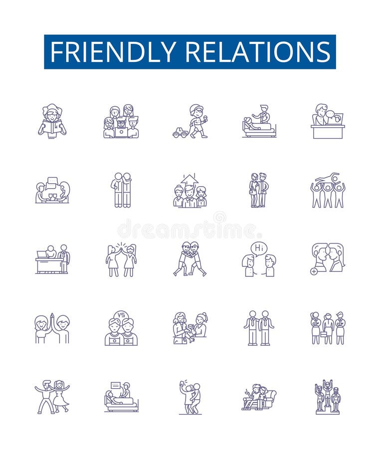 Friendly relations line icons signs set. Design collection of Amicable, Cordial, Chummy, Affable, Convivial, Favorable, Amiable, Harmonious outline vector concept illustrations