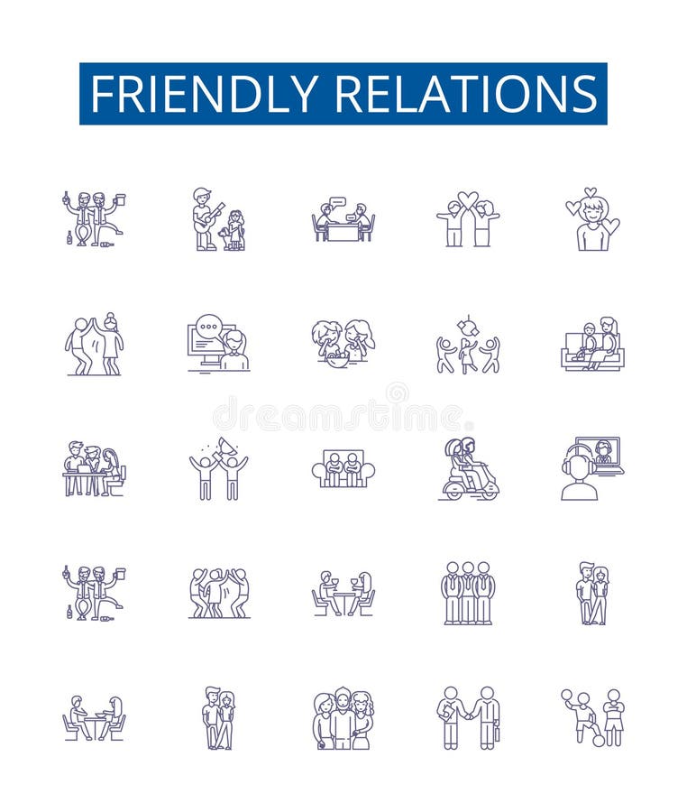 Friendly relations line icons signs set. Design collection of Amicable, Cordial, Chummy, Affable, Convivial, Favorable, Amiable, Harmonious outline vector concept illustrations