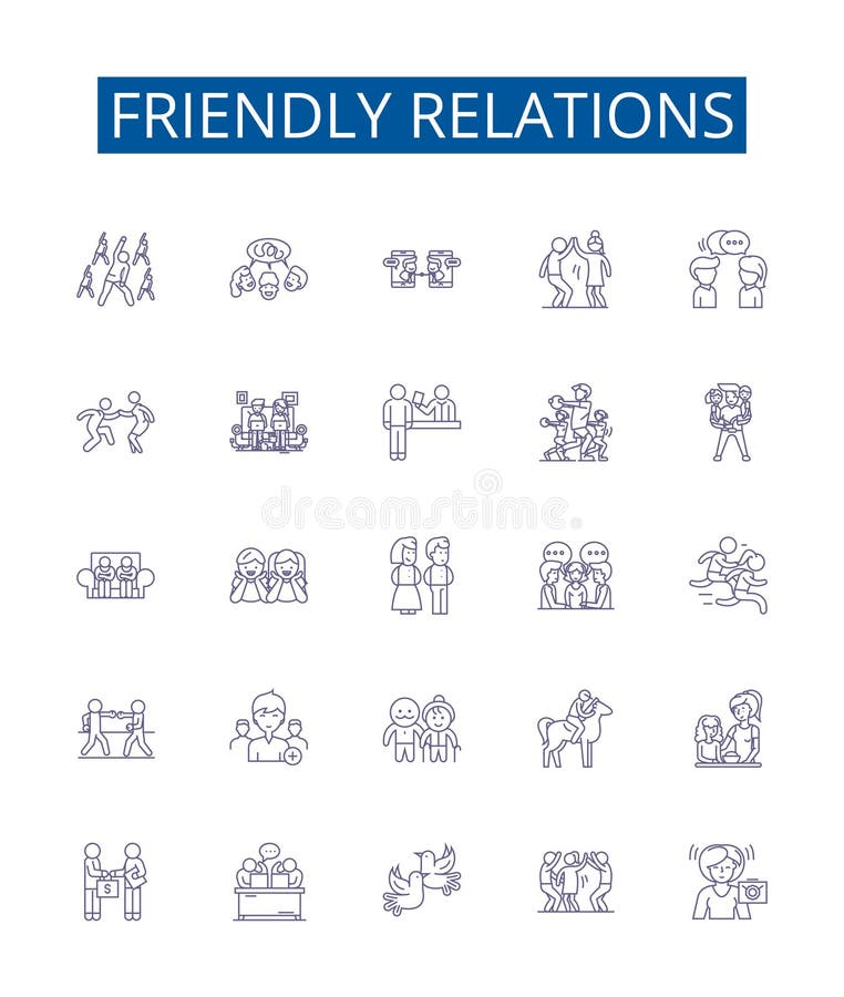 Friendly relations line icons signs set. Design collection of Amicable, Cordial, Chummy, Affable, Convivial, Favorable, Amiable, Harmonious outline vector concept illustrations