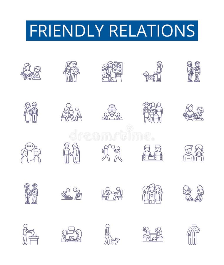 Friendly relations line icons signs set. Design collection of Amicable, Cordial, Chummy, Affable, Convivial, Favorable, Amiable, Harmonious outline vector concept illustrations