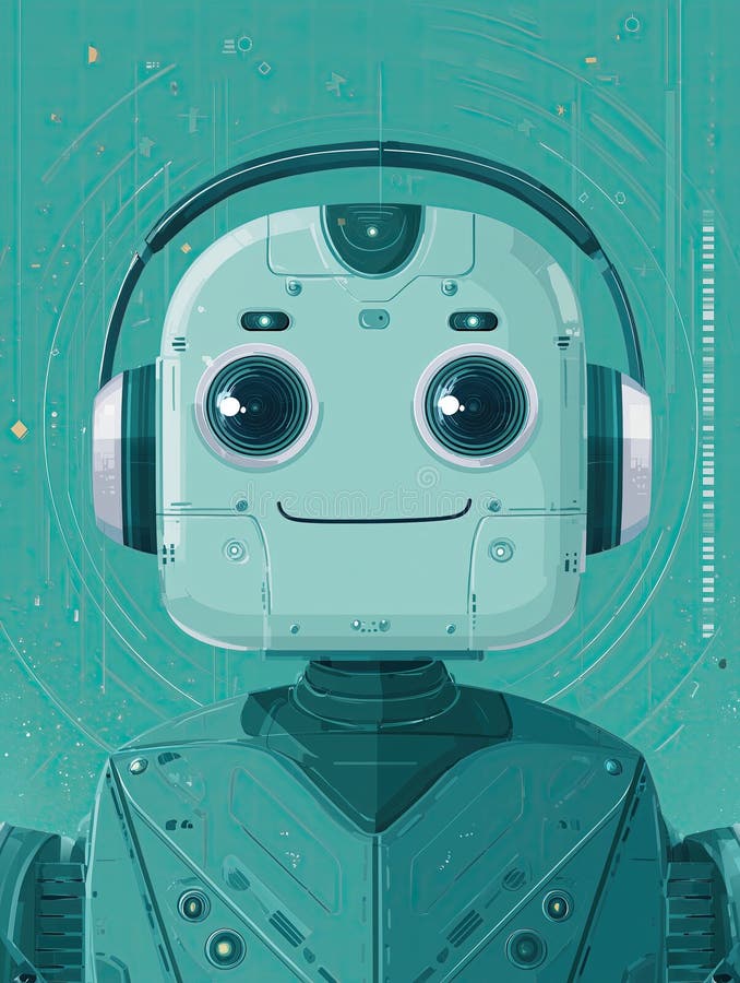 Friendly robot artificial intelligence cute android smiling cyborg futuristic technology teal background headphones portrait royalty free illustration