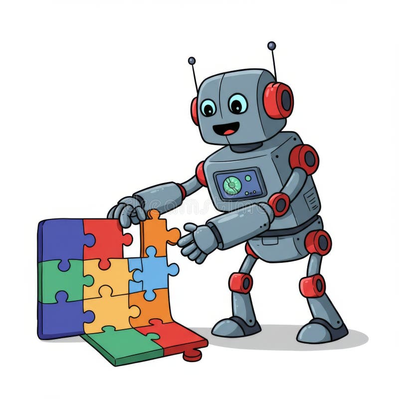 Friendly Robot Solving Colorful Puzzle stock illustration
