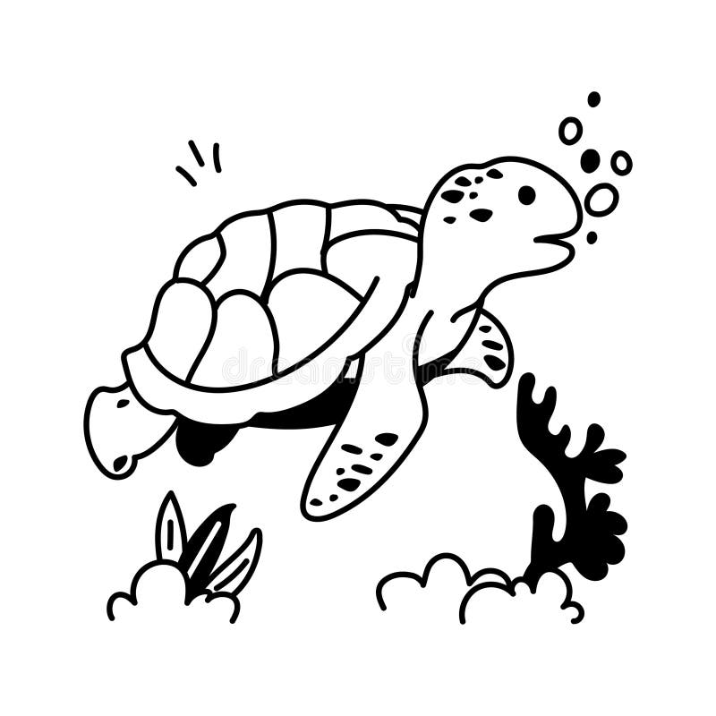 A friendly swimming turtle underwater with bubbles and sea plants royalty free illustration