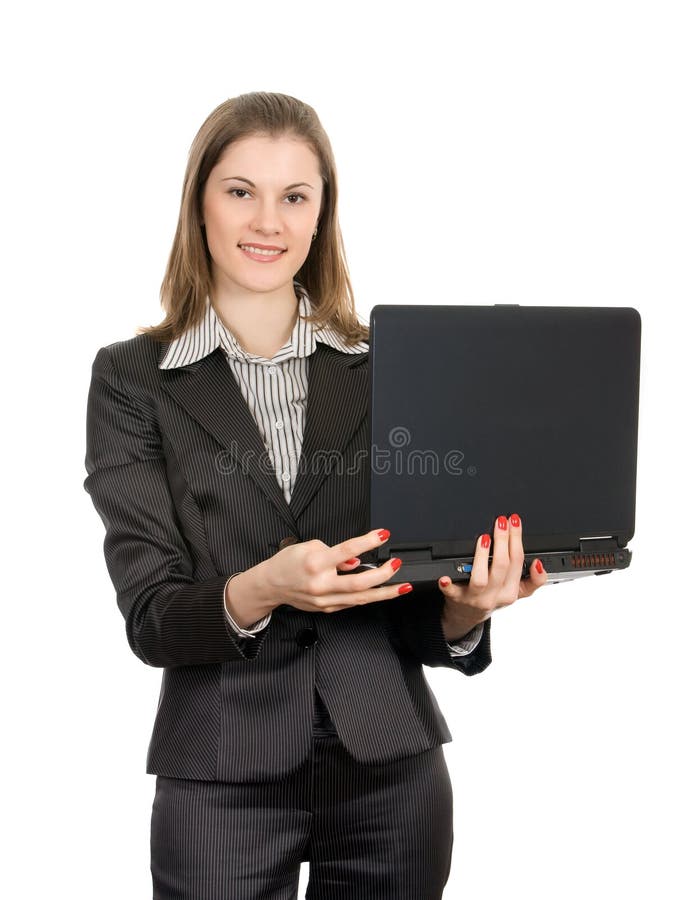 Friendly woman with a laptop. Isolated on white