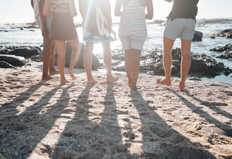 Friends Back Or Standing Legs On Beach Sand Or Ocean Sea In Social