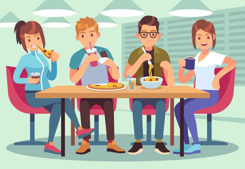 Friends cafe. Friendly people eat drink lunch table fun seating friendship young guys meeting restaurant bar flat image stock illustration Friends cafe. Friendly people eat drink lunch table fun seating friendship young guys meeting restaurant bar flat image stock illustration