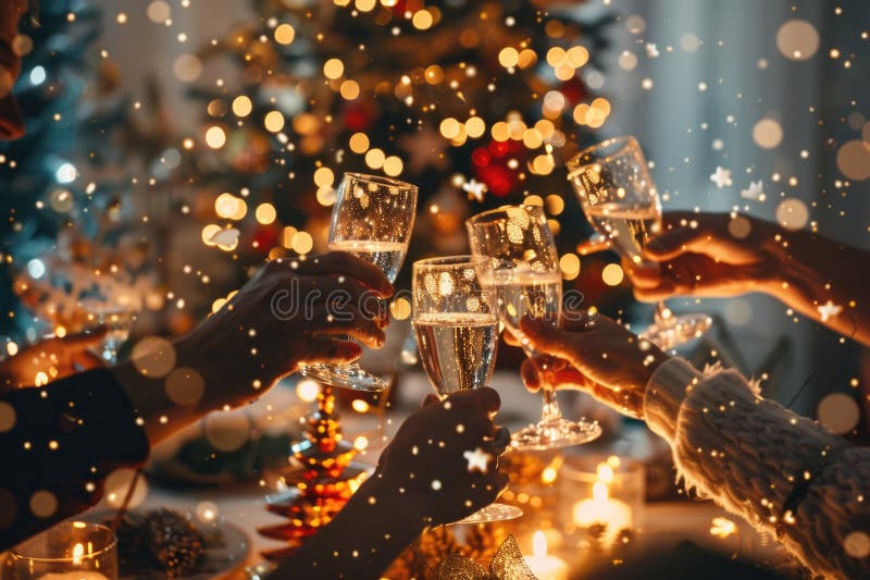 Prieteni care sărbătoresc petrecerea de Crăciun cu vin și gustări royalty free stock photos