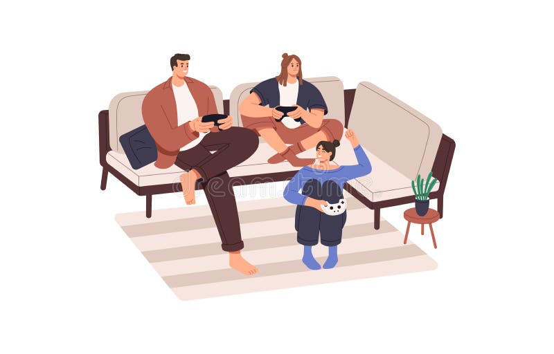 Friends with consoles playing TV video game together. Happy people, man and women sitting on sofa, holding videogame joysticks controllers. Flat vector illustration isolated on white background.