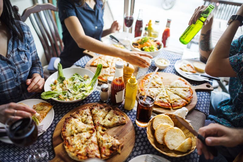 Friends Pizza Party Top View Stock Photo - Image of celebration, celebrate:  98060748