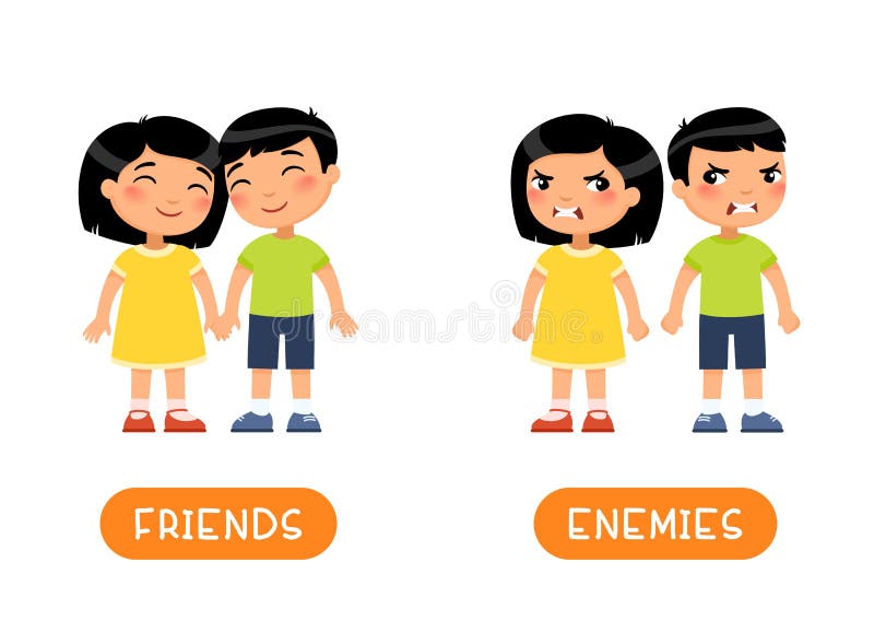 Friends and enemies antonyms flashcard vector template.