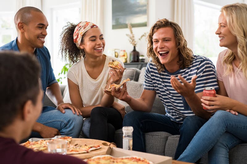 close-up image, A group of friends eating pizza in the party together. New  year party, Birthday party, Pizza party at home Stock Photo - Alamy