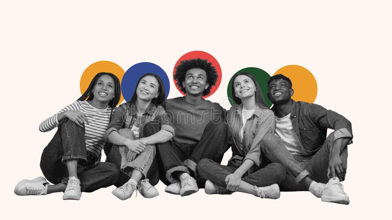 Friends Gather for a Fun Collage Session in a Bright Setting With Colorful Circles in the Background stock image