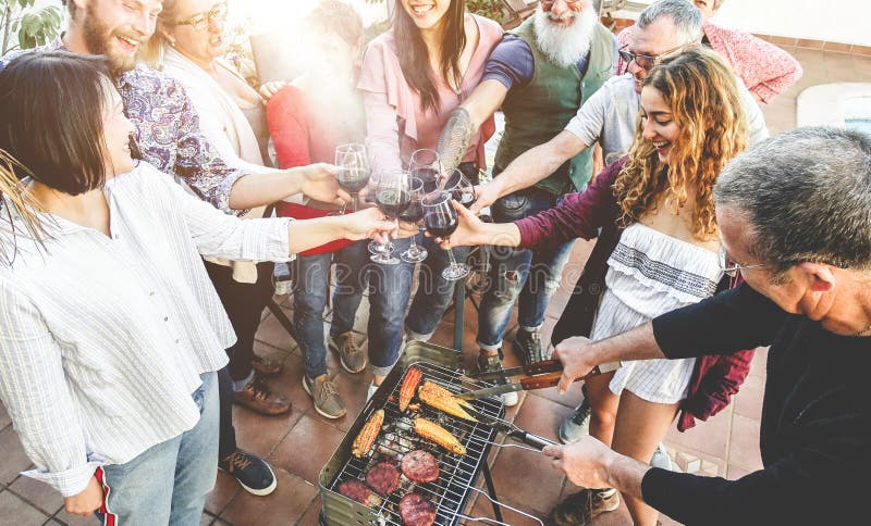 Friends Grilling Meat and Cheering with Red Wine at Bbq Meal Outdoor -  Different Age of People Having Fun at Barbecue Dinner - Stock Photo - Image  of burger, birthday: 174113360