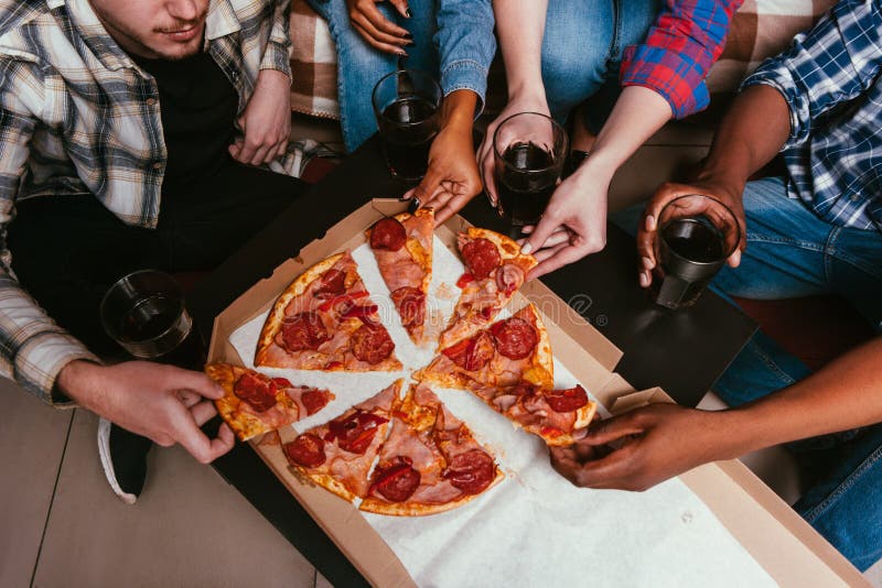 Friends Have Pizza Party at Home, Fun Leisure Stock Image - Image of slice,  friendship: 91951315