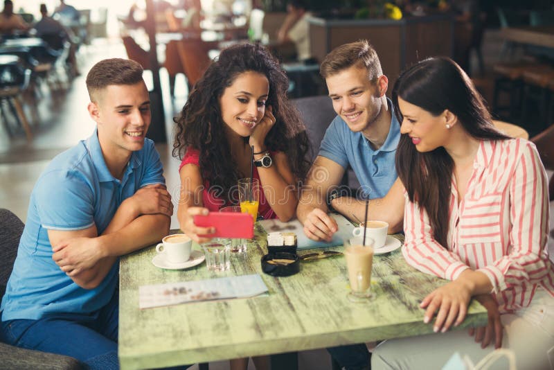 Friends Having Coffee in Cafe, Make Selfie Photo Stock Photo - Image of ...