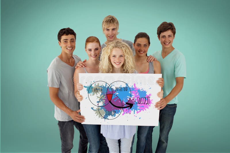 Digital composite of Friends holding billboard with colorful diagram while standing against green background
