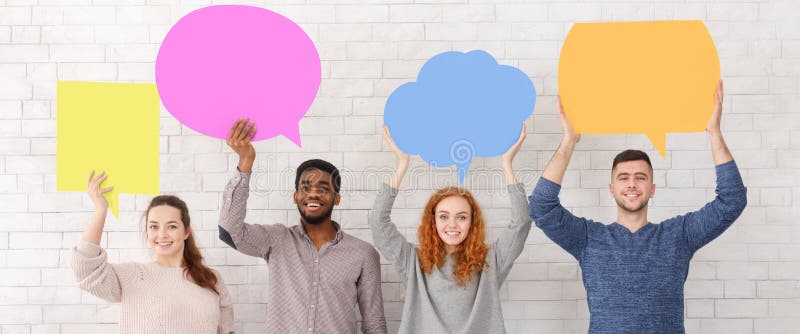 Friends Holding Speech Bubbles and Looking at Camera Stock Image - Image of female, diverse ...