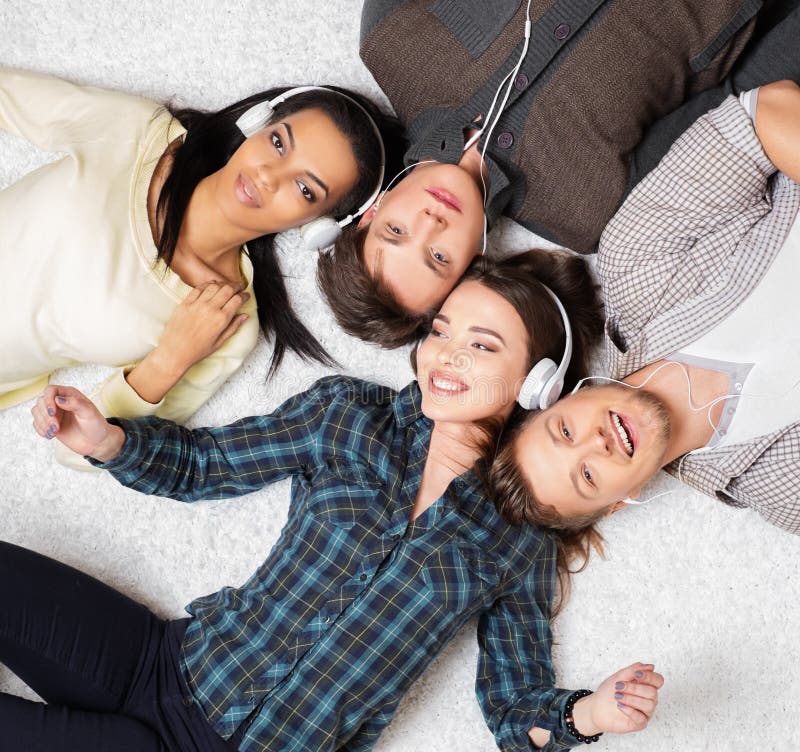 Friends listens music stock image. Image of college, girl 52410287