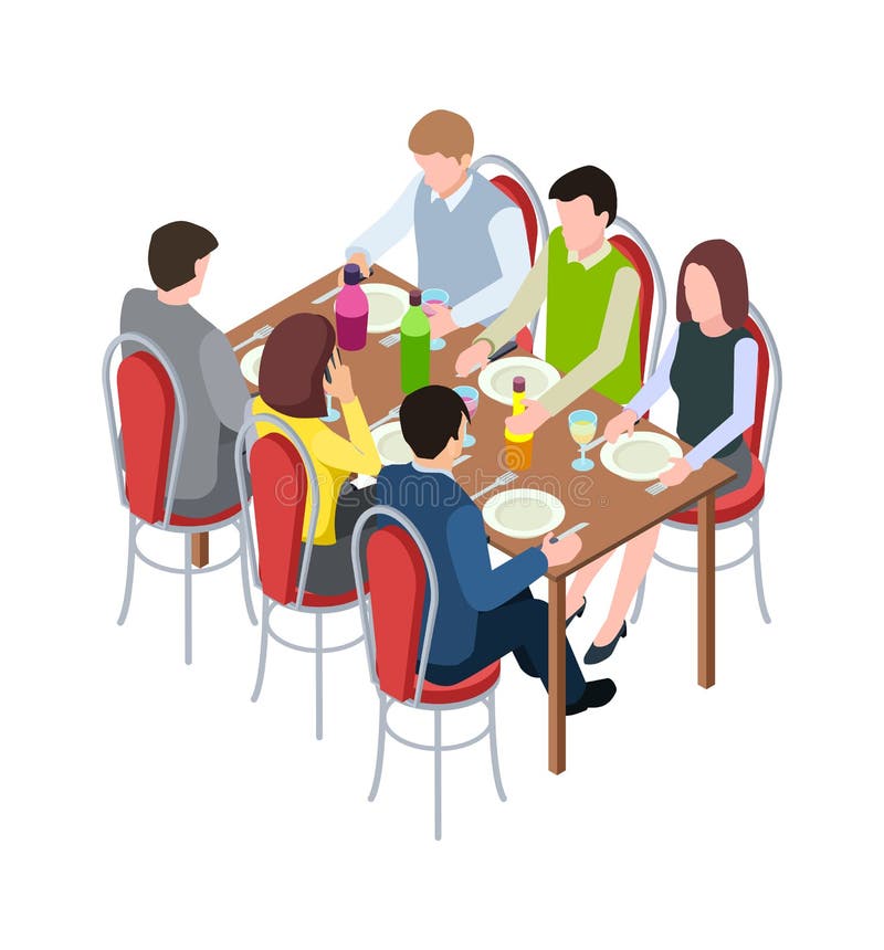 Friends meeting. Family festive dinner, isometric people eating together. Woman man drinking and communicate vector illustration. Family in restaurant drink and eat