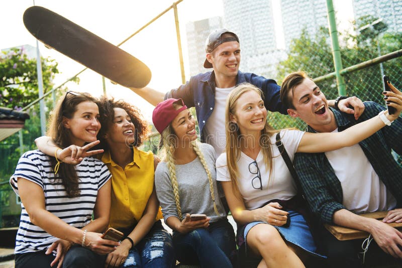 Friends In The Park Taking A Group Selfie Millennial And Youth C Stock 