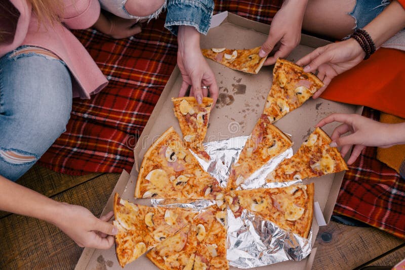 Friends Pizza Party Top View Stock Photo - Image of celebration, celebrate:  98060748