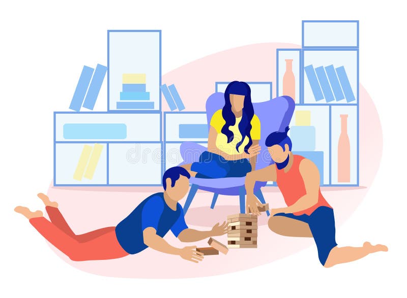 Friends Playing in Wood Block Game Flat Cartoon vector illustration Friends Playing in Wood Block Game Flat Cartoon vector illustration