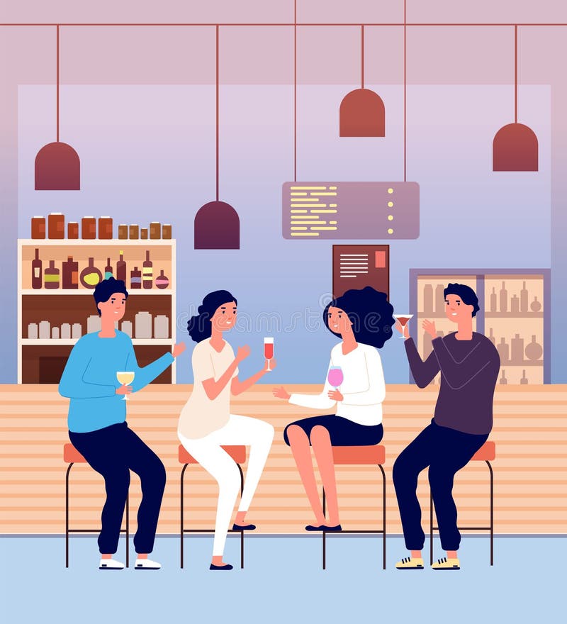 Friends in pub. Men and women drink alcohol shots and make toast. People talking and relaxing in bar vector cartoon