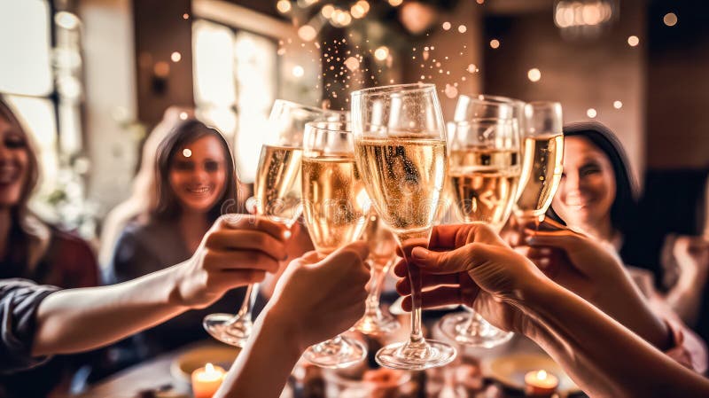 Prietenii ridică pahare elegante umplute cu șampanie spumantă sau vin rafinat stock illustration