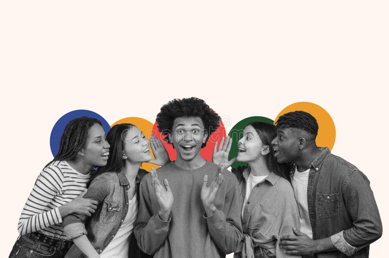 Friends Sharing a Fun Moment in a Collage Format With Colorful Elements in the Background stock photo