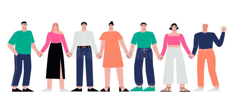 Friends standing together. Different people holding hands, isolated friend young people group. Students company, happy unity sapid vector characters. Illustration of characters different friendship