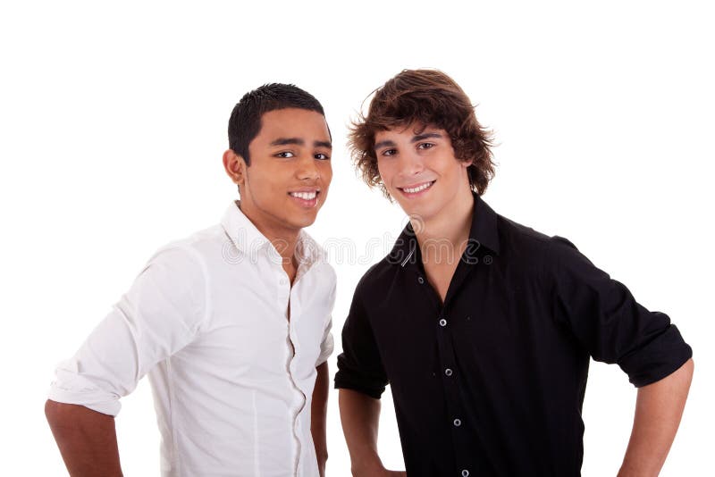 Friends: two young man of different colors,looking