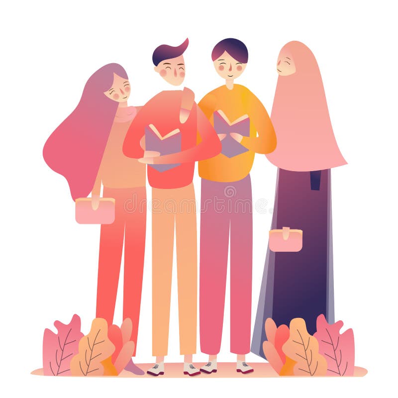 Friends young man women reading books. Standing Learning together. Islam muslim wearing head-scarf veil. Vector.