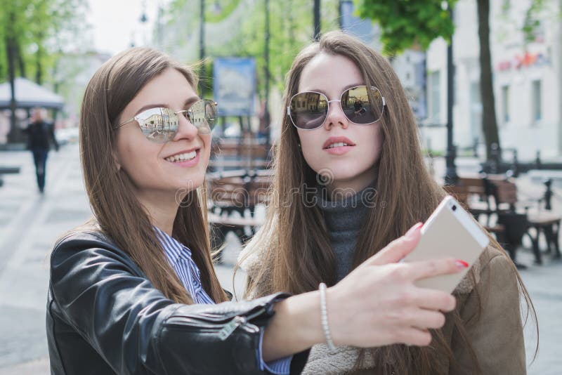Friendship Concept Two Girls Taking Selfie In The City Stock Image