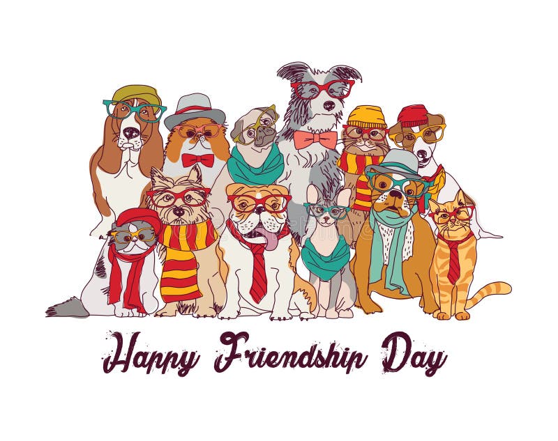 Group Fashion Best Friends Pets Fun Animals Card. Stock Vector