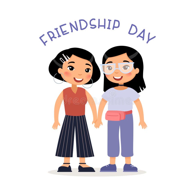 Friendship Day. Two young asian women friends or lesbian couple holding hands. vector illustration Friendship Day. Two young asian women friends or lesbian couple holding hands. vector illustration