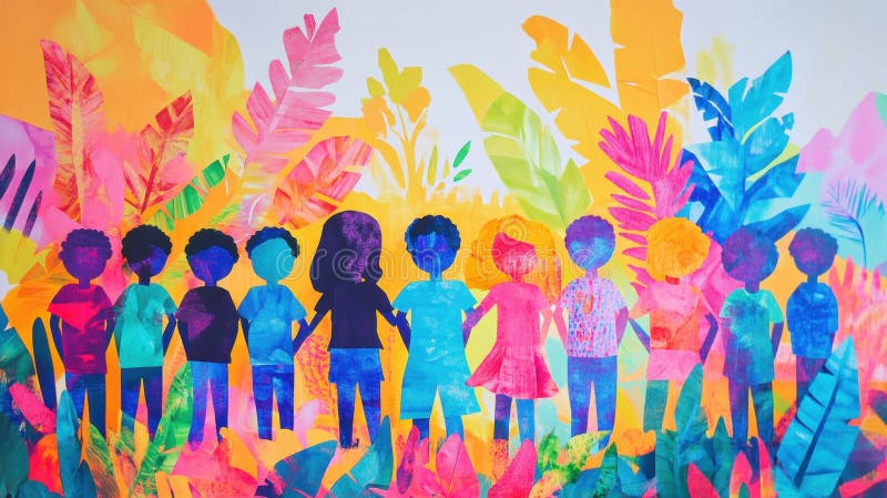 Friendship and harmony in a diverse group activity stock illustration