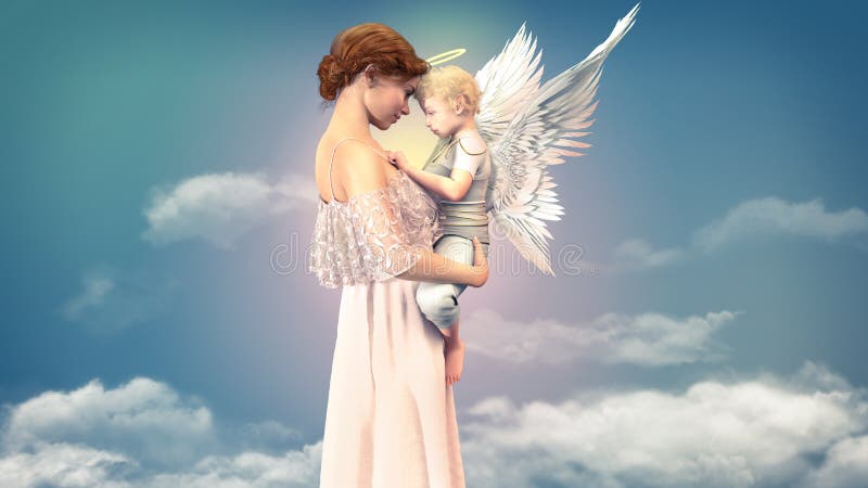 Portrait of a woman with a child angel, concept of friendship of an older woman and a cute small angel, 3d render. Portrait of a woman with a child angel, concept of friendship of an older woman and a cute small angel, 3d render