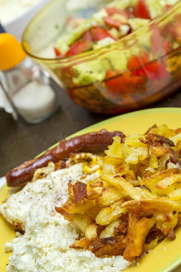 Fries with Cheese and Sausage Stock Image Image of salad, romania