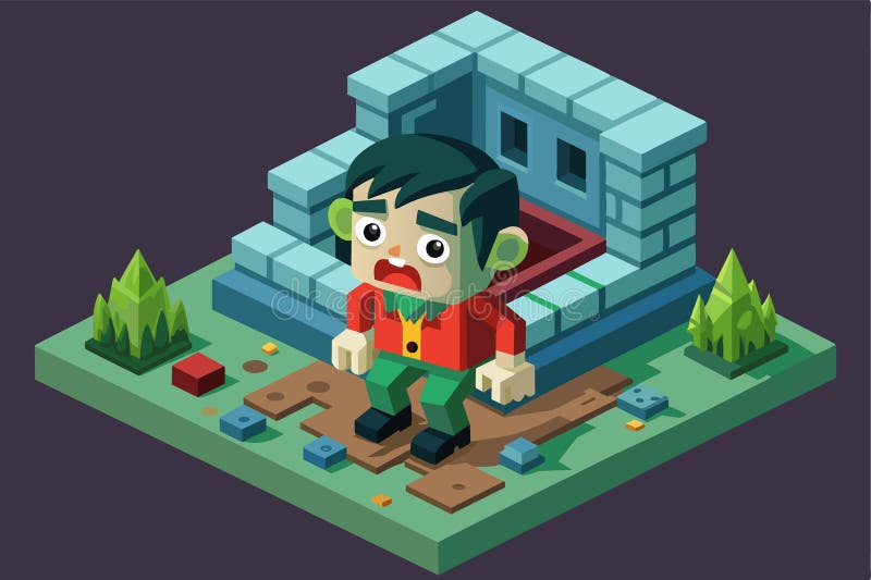 A frightened character wearing a red shirt stands by a stone structure with greenery around, Scared Customizable Isometric stock illustration