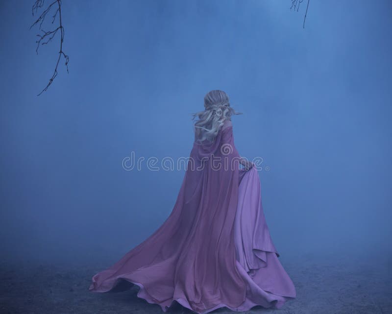 A frightened girl blonde runs in a thick fog. On the elf, a luxurious pink dress with a long train and a raincoat. The