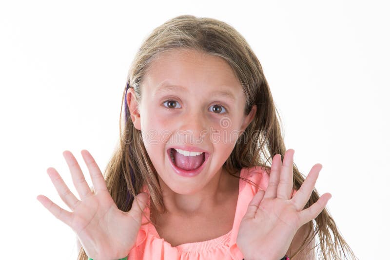 Frightened girl holding screaming out loud isolated