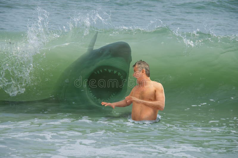 Frightened swimmer man getting hit by wave with attacking shark