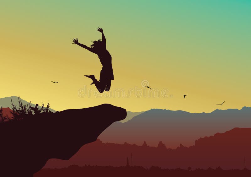 Freedom and independence concept background, Silhouette of a happy woman jumping on top of the mountain - Vector illustration. Freedom and independence concept background, Silhouette of a happy woman jumping on top of the mountain - Vector illustration