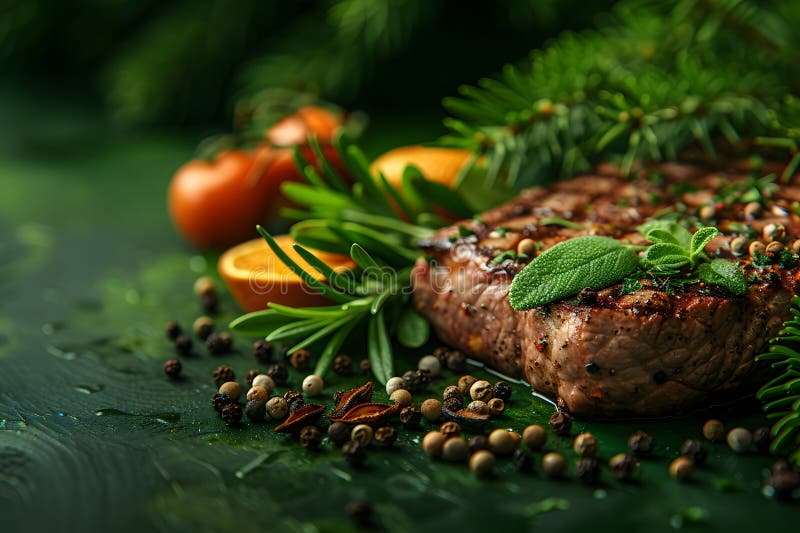 Friptură la grătar cu ierburi proaspete și citrice pe fond verde rustic pentru cultură culinară vector illustration