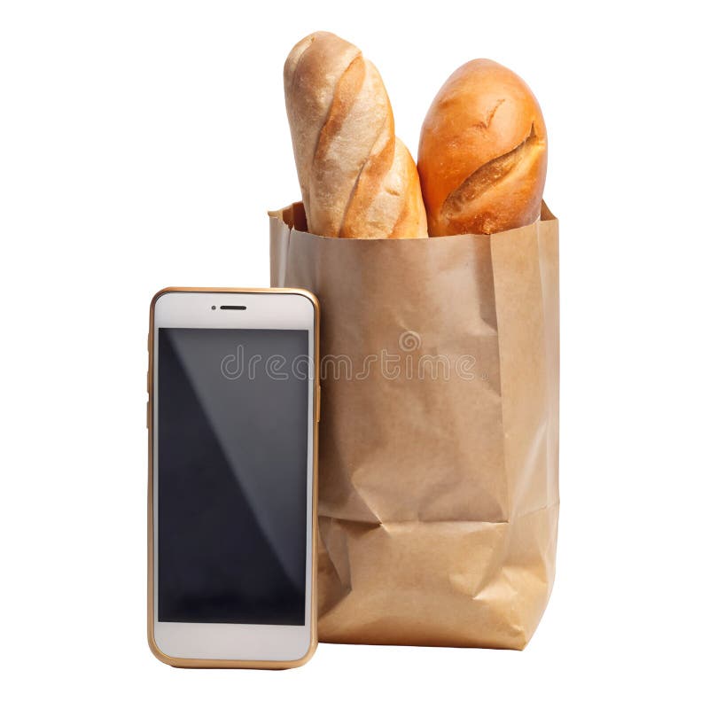 Frisch gebackene Baguettes in einer Papiertüte neben einem modernen Smartphone auf weißem Hintergrund vektor abbildung